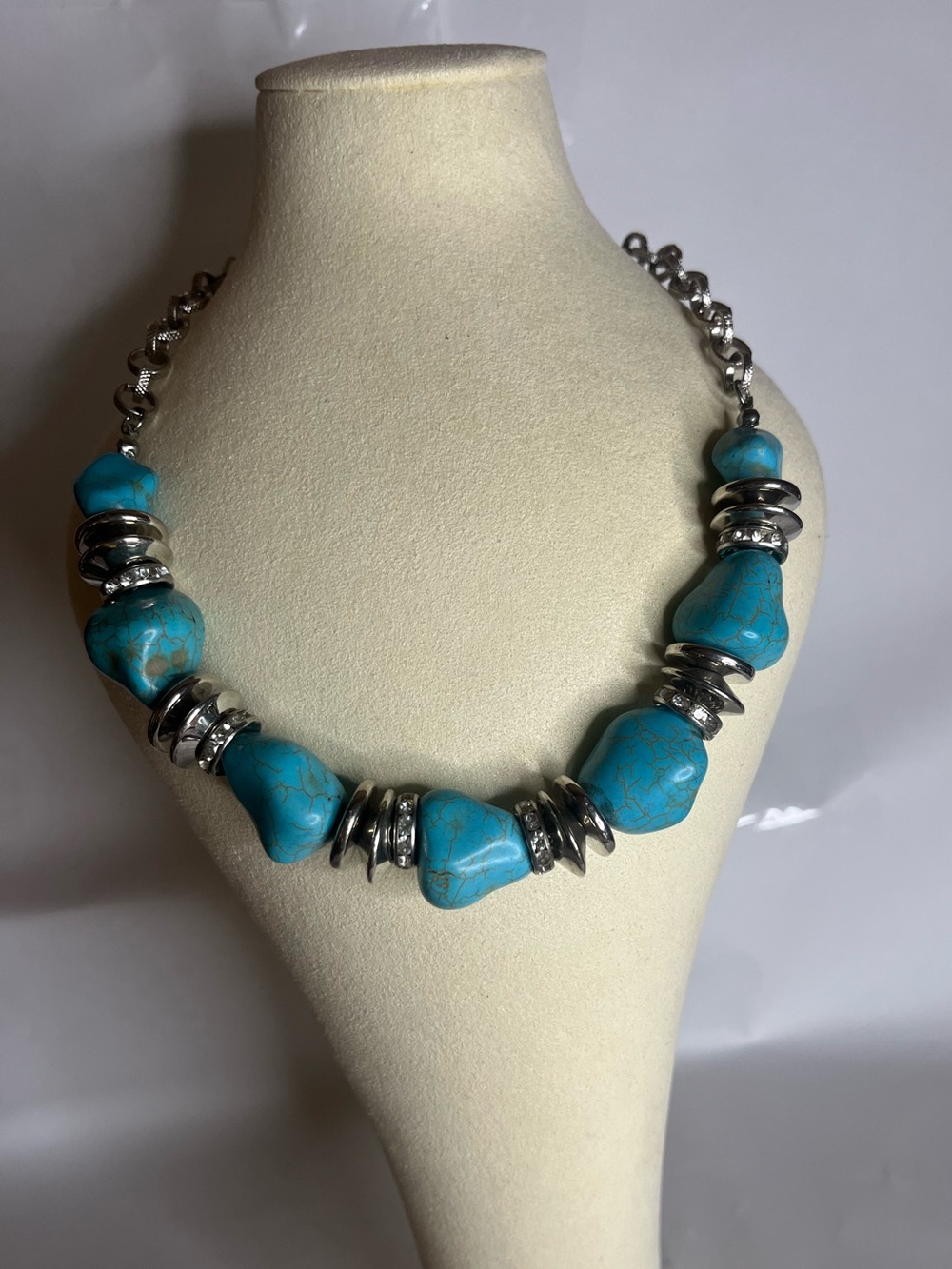 Turquoise Stone & Silver Bead Statement Necklace